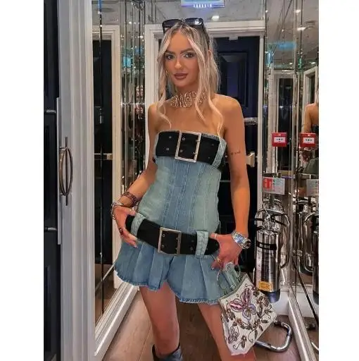 2024 Nové retro denimové šaty sexy opasok skladaná sukňa Slim Fit krátka sukňa