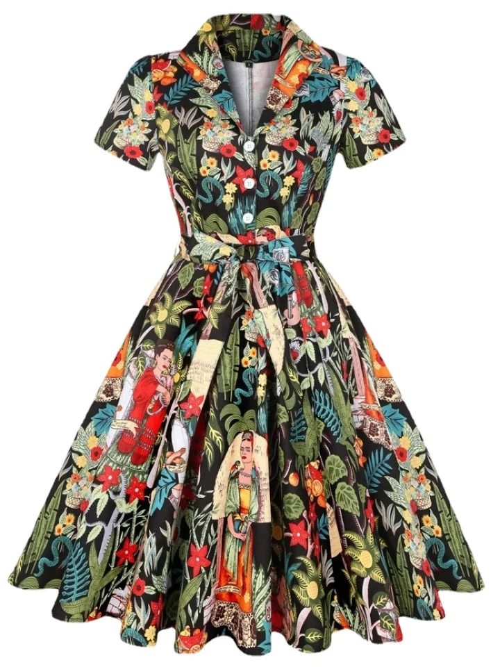 2024 Nové retro ženy tunické šaty Vintage krátke rukávy 50. dráha Rockabilly Vestido Pinup