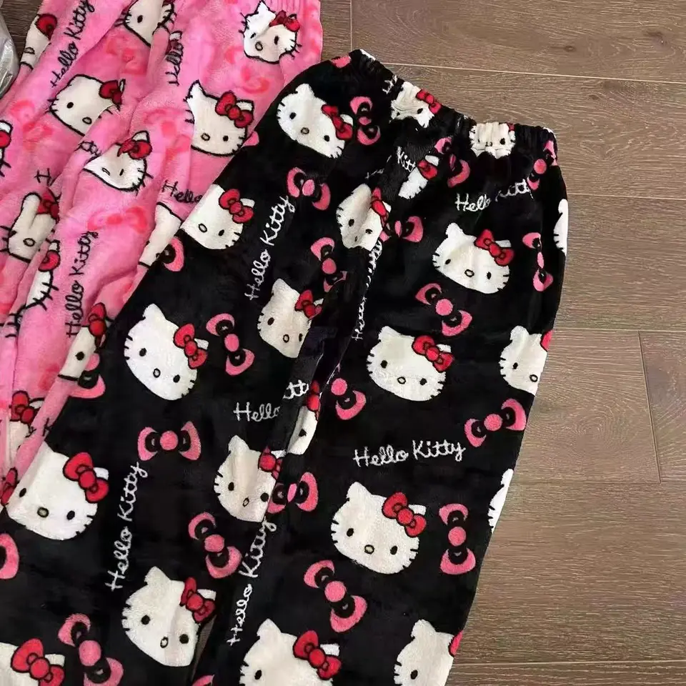 2024 Nové Sanrio Hello Kitty Girl Plyšové pyžamové nohavice kawaii karikatúry Ženy mäkké zamatové teplé príležitostné nohavice Domáce nohavice darček