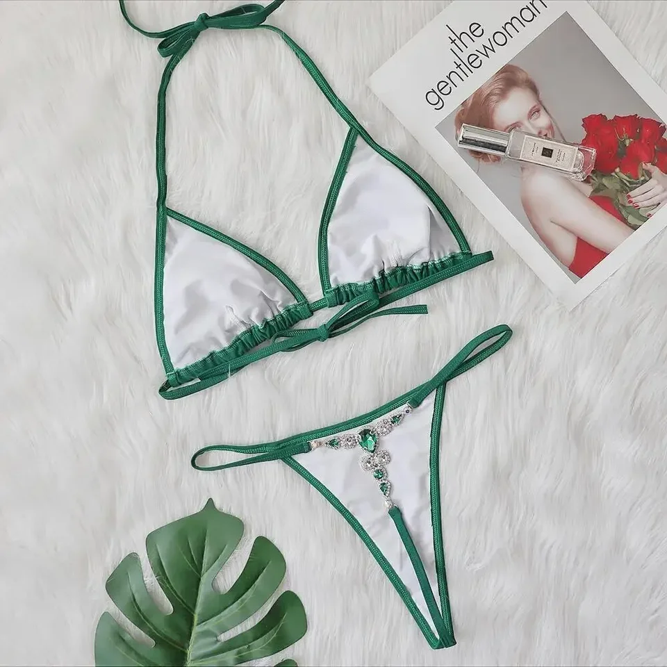 2024 Nové sexy bez spätného kamienka Shinestone tanginy Bikini, šnurovacie šnurovacie plavky Green Triangle, plavky na pláži plaviek Y74