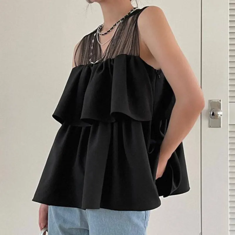 2024 NOVÉ V BECK RUFFLE Summer Ženy Tank Top Vintage Streetwear Sexy Y2K Top Kórejská sieťová patchwork plodina TEE Top Camis