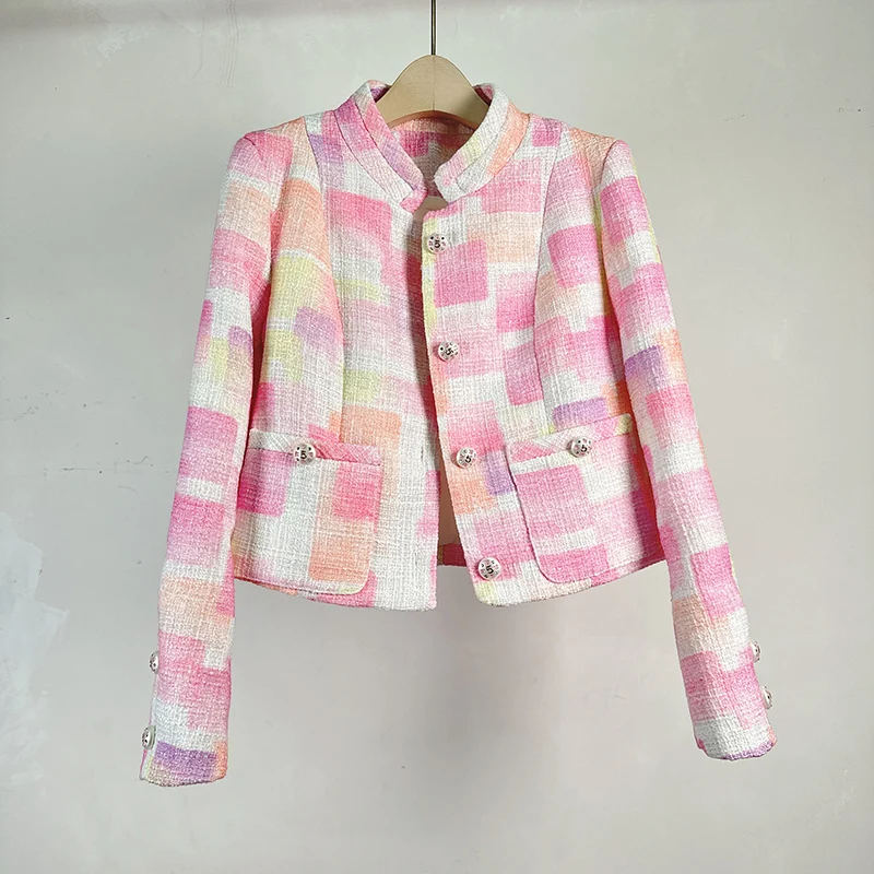 2024 Nové vysoko kvalitné módne ženy o krk Pink Plaid Plaid Tlač Tweed Coat Runway Chic Autumn Winter Diamonds Button Stručne vrchné odevy