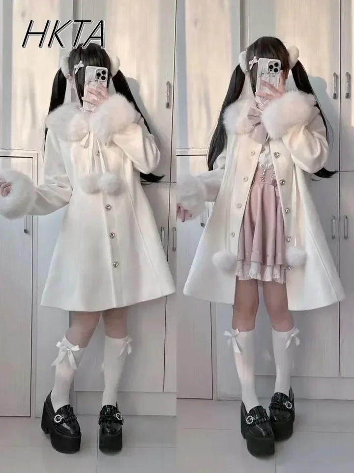 2024 Nové zimné mlieko biela snehová guľa Dlhá vlnená kabát Ženy Lolita Dievča