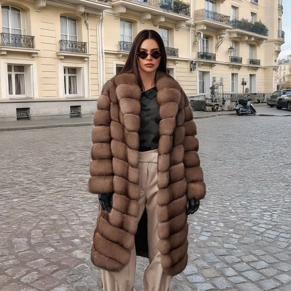 2024 Nové ženy skutočné líšky kožuch Luxusná sable farba skutočná kožušina hrubá bunda Outwear Winter Prírodná líška Fox Fur Warm Dlhá kabát