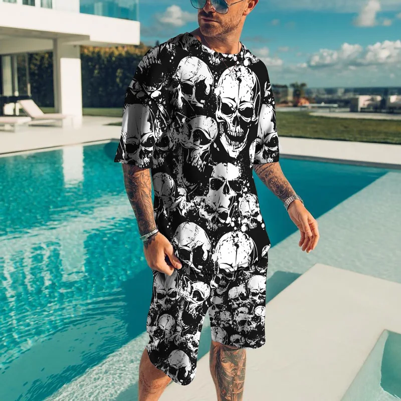 2024 Noví letní muži Set Retro Skull 3D tlač 3-tričká Tričko Suits Suit Dámske stopy po celom mužovi 2 kusové oblečenie Man Clothing