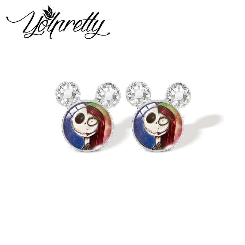 2024 NOVÝ CUTE NIGHT MRY pred Vianocami Jack a Sally Handcraft Jewelry Glass Glass Dome Mickey Mouse Ears Stud Stužné náušnice