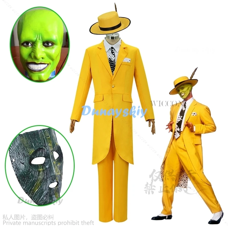 2024 Nový Halloween Cosplay Roleplay Carrey Uniform Anime kostýmy žltého klobúku Karnevalová párty Jim Clown Outfits Mask pre mužov