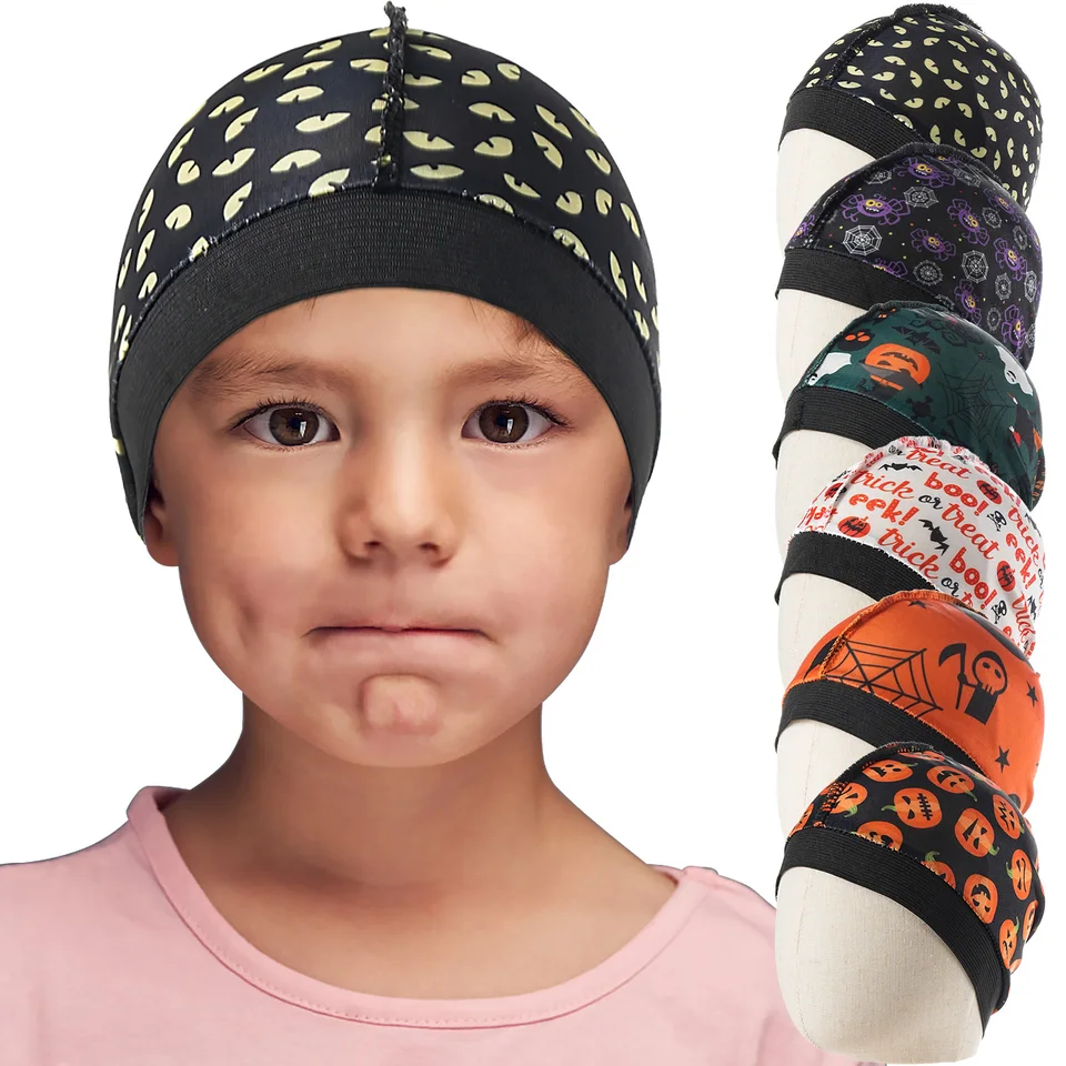 2024 Nový Halloween potlač Kids Silky Dome Wave Cap Silky Satin Kids Bonnet Cover Cover Hat Night Sleep Cap Kairové príslušenstvo klobúk
