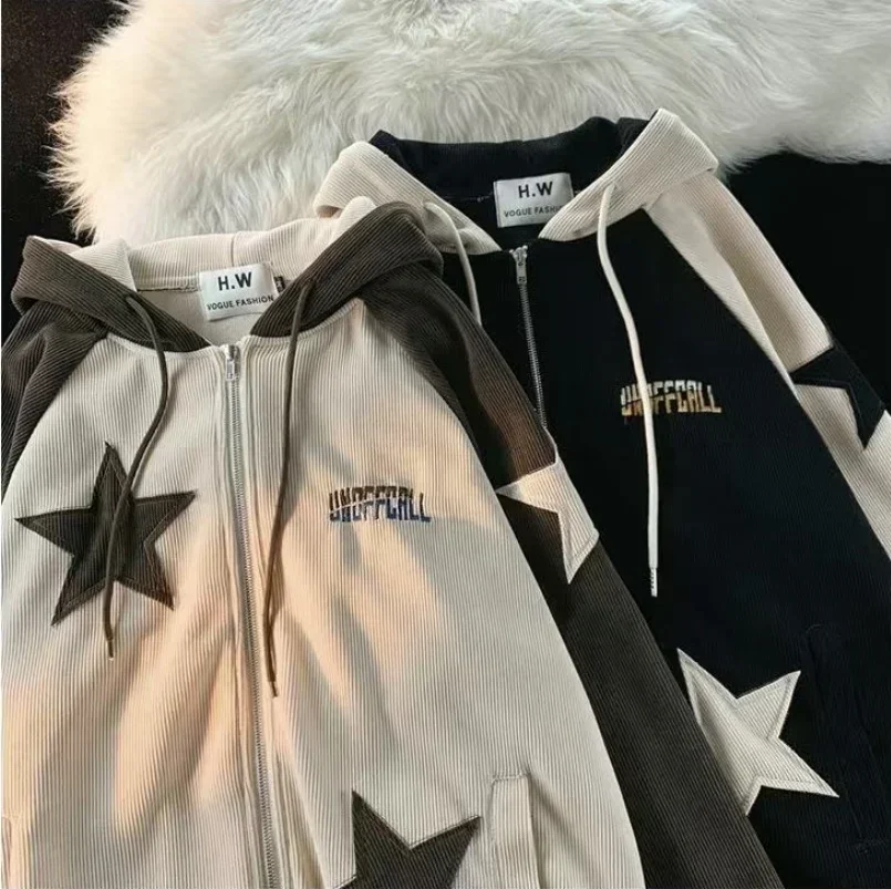 2024 Nový harajuku populárny vintage corduroy zips kapucňa Cardigan Women Women Street hip hop fashion žoker mikina párové top top