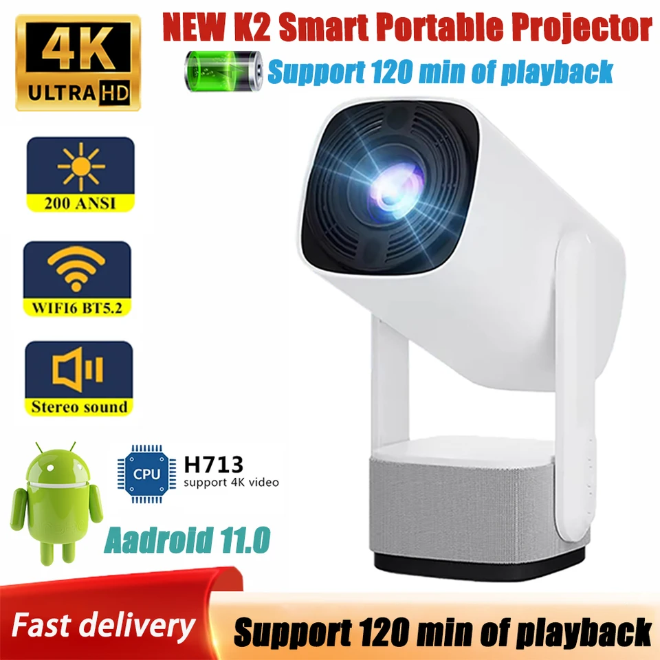 2024 NOVÝ HY300/K2 HD Projector Prenosný 4K 1080x1920p Android 11 WIFI6 LED Multifunkčné video domáce kino Detské kino