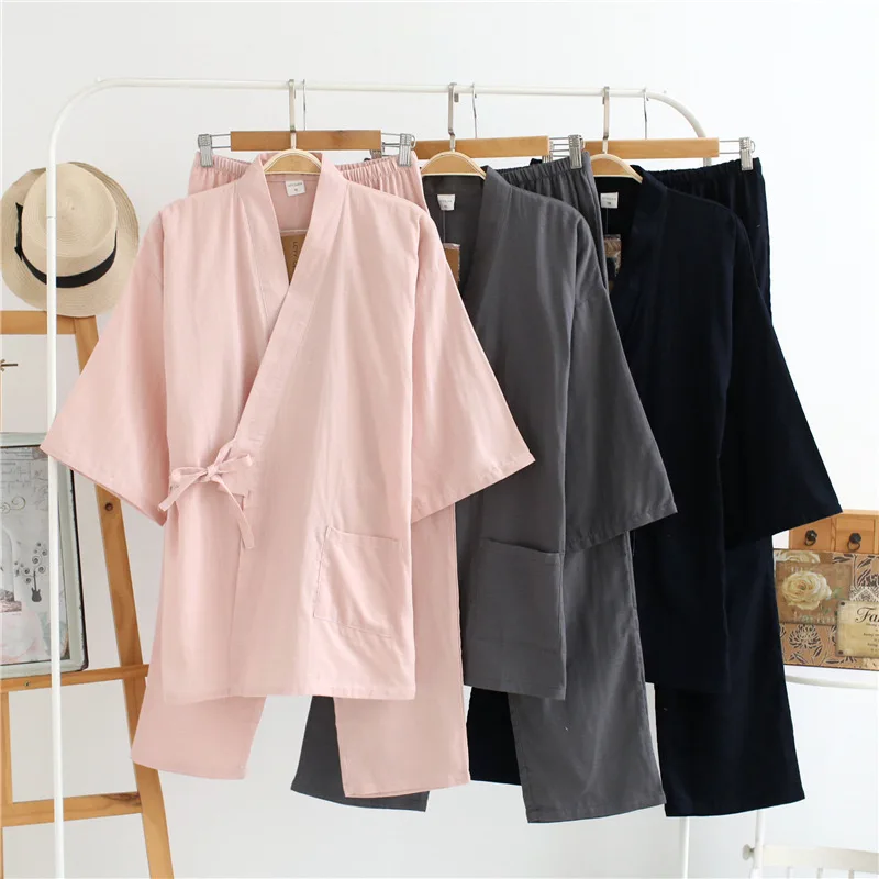 2024 Nový japonský letný kimono letný pár pyžamy 100% bavlnené pyžamy 2 kusové set nočné oblečenie jednoduché spánkové oblečenie Pijama Loungewe