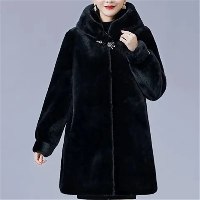 2024 Nový kabát Mink Žena stredo-lepšia matka celá norka kožušina Mid-Long Parka Mink's Velvet Coat Imitation Curr Cored Hooded