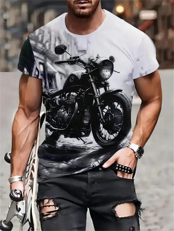2024 Nový motocykel Grafické tričko módne pánske vinobranie 3D tlač s krátkym rukávom posádka Krk tričko Top prevýšené uličky Trend T tričko