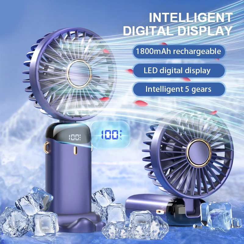 2024 Nový prenosný ventilátor 1800 mAh Nabíjateľný 90 ° Fložiteľný ventilátor Mini klimatizácia malého ventilátora Vzduchový chladič s digitálnym displejom LED