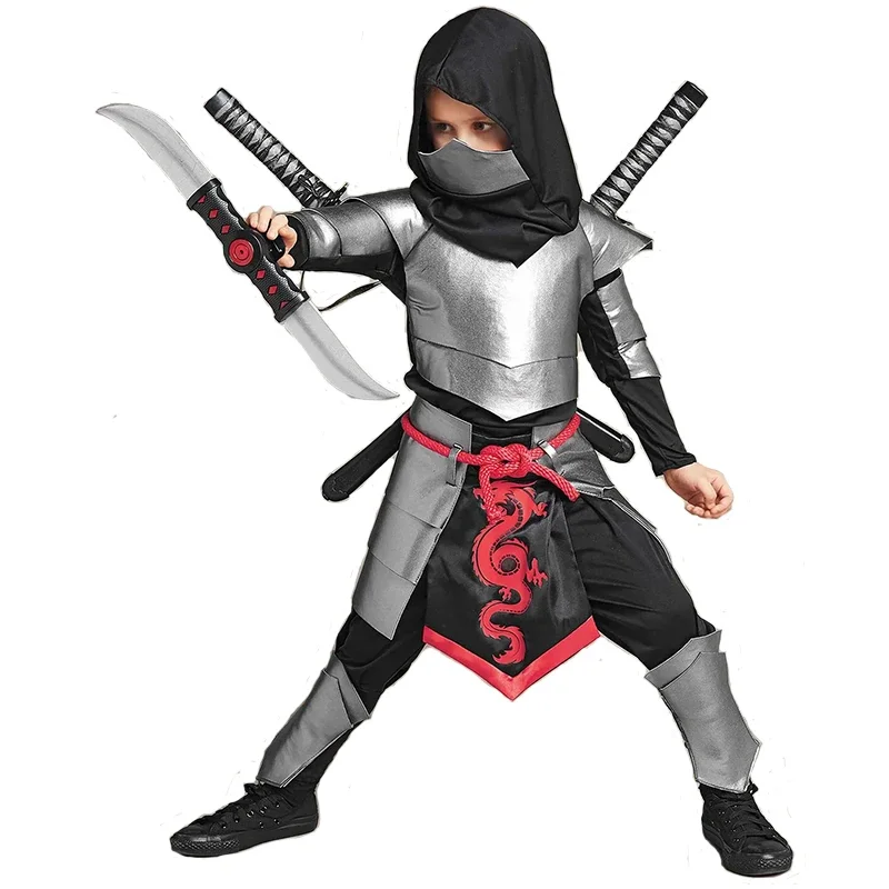 2024 Nový príchod chlapci Dragon Ninja Halloween Silver Cosplay kostým Ninja pre chlapcov dievčatá vianočné karneval purim oblečenie