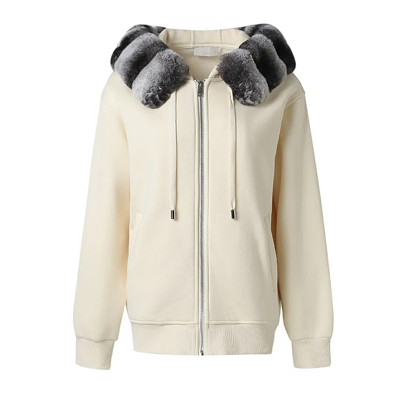2024 Nový príchod Jeseň Winter Hoodie Cardigan Ženy s kapucňou Real Rex Rabbit Fur Collar Lady Coat Jackets