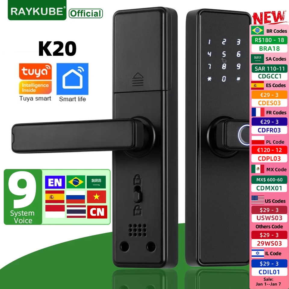 2024 Nový RayKube K20 9-jazykový biometrický odtlačok prsty Dvery Lock Electronic Dverne Lock s tuya aplikáciou/IC karta/heslo/kľúčom odomknutia