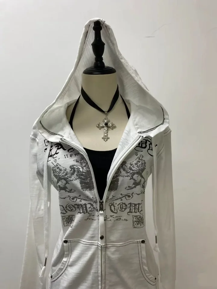 2024 Nový retro chudý šedý vzor potlačenej mikiny s dizajnom pásu pre jeseň ženy Niche Fashion Harajuku Top