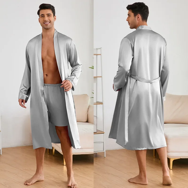 2024 Nový rúž na oblečenie Solid Color Domáce odevy Župan Nightwear Loose Kimono Intímne spodné prádlo Men ľadové hodvábne plášť a šortky
