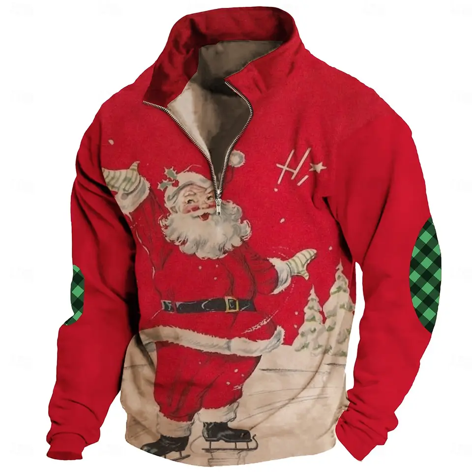 2024 Nový Santa Claus 3D tlačené pánske pánske pol rukávu Mikina s dlhým rukávom Jeseň vianočné oblečenie FashionStandup Gollar Loosetop