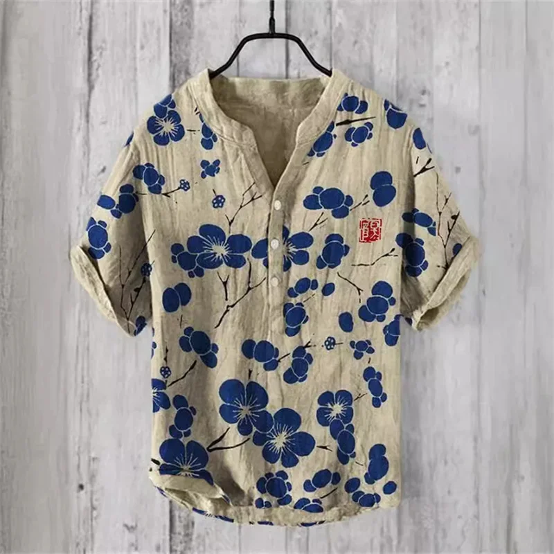 2024 Nový slivkový tlač Pánsky mládež s krátkym rukávom Luxusný stojan golieru Pullover Linen Hawaiian Shirt Cardigan S-5XL