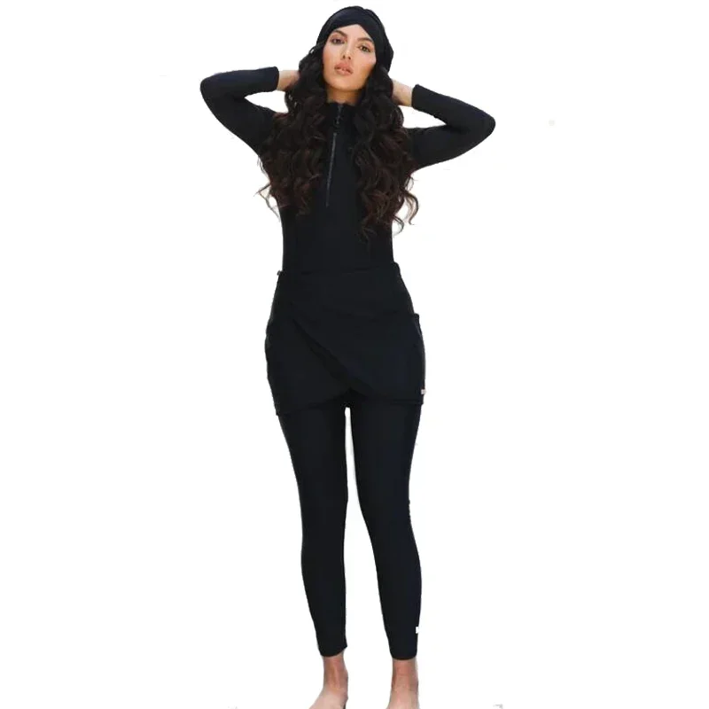 2024 Nový sýtkový rukáv Solid čierne moslimské plavky Dámske moslimské plavky burkini
