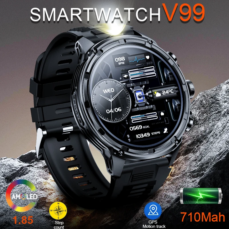 2024 NOVÝ V99 SMARTWATCH - 1,85 -palcová veľká obrazovka. Pre mužov. Vonkajšie športy. LED baterka. Bluetooth volanie.710 mAh batéria.