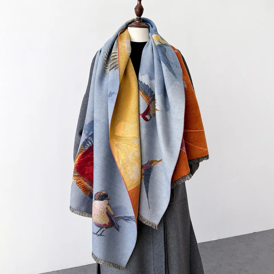 2024 Nový zimný vták Dlhý šál Ženy Warm Hidžáb Šarves Soft Cashmere Imitácia Veľký šál