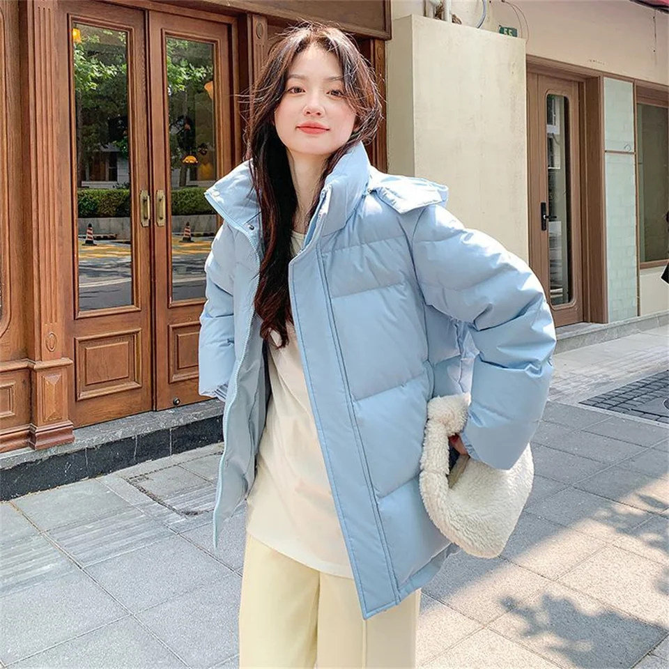 2024 Nový štýl Korean Down Cotton Jacket Dámsky kapucňa Parky Zimný čalúnený kabát Hrubý teplý voľný Puffer Žena snehové opotrebenie Outwear