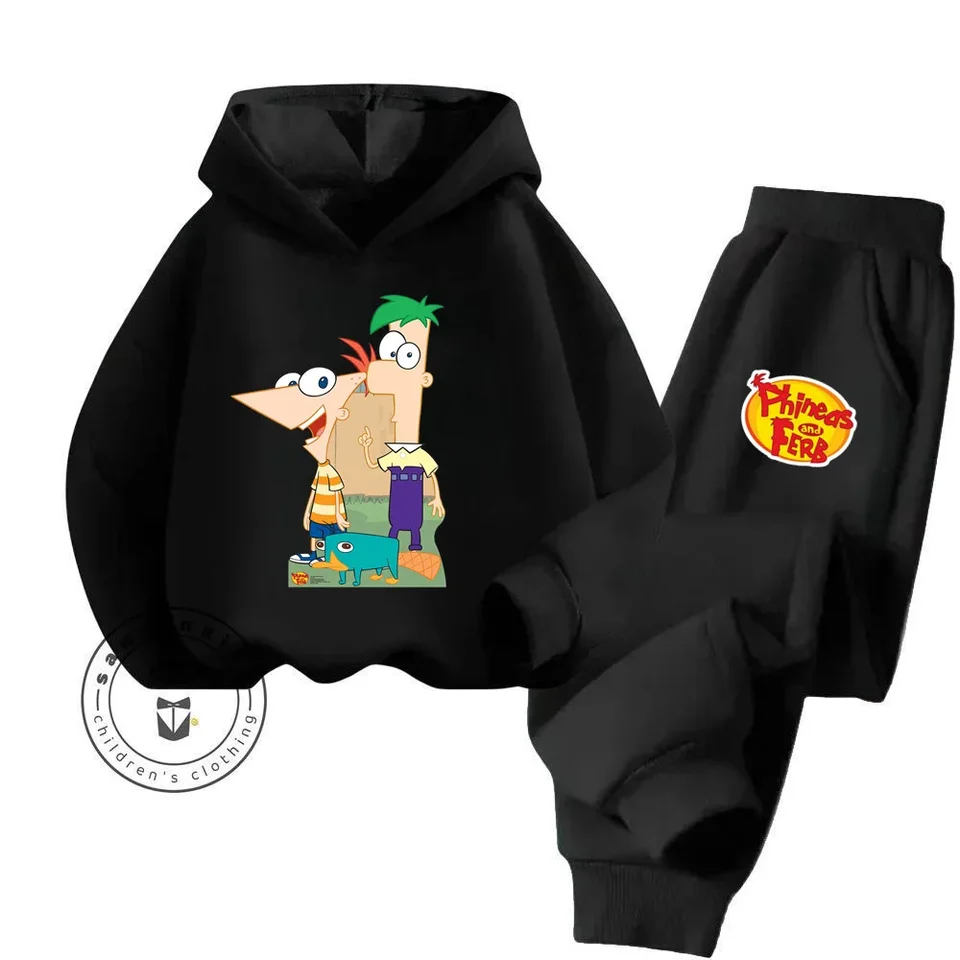 2024 Phineas a Ferb Cartoon Temed Zbierka módne a cenovo dostupné detské jarné a jesenné sada mikín s dlhým rukávom