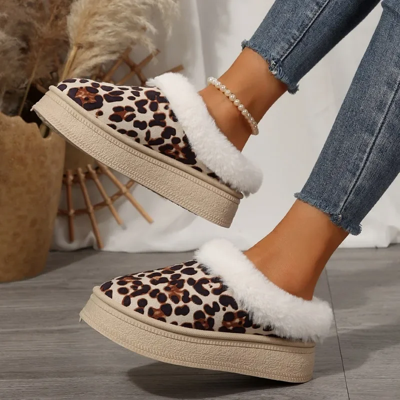 2024 plus veľkosti topánky Žena zatvorené špičky dámske patričky Platforma Warm Plippers Ženy Leopard Round Toe Flat s topánkami Ženy