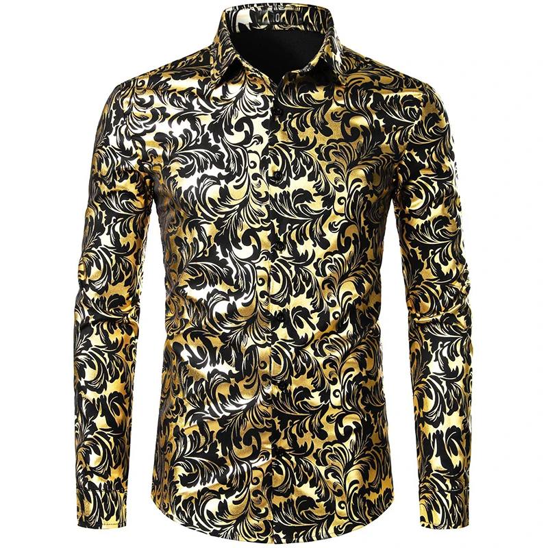 2024 Pánske luxusné zlaté kvetinové šaty tričko 3D plné potlač s dlhým rukávom Button Down Down Tougs for Party pánske ležérne šaty Tops