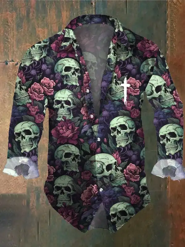 2024 Pánske vinobranie tmavej lebky výtlačky s dlhým rukávom tričko-skull výtlačky čierne topy pravidelne fit, klopný golier, polyesterové streetwear