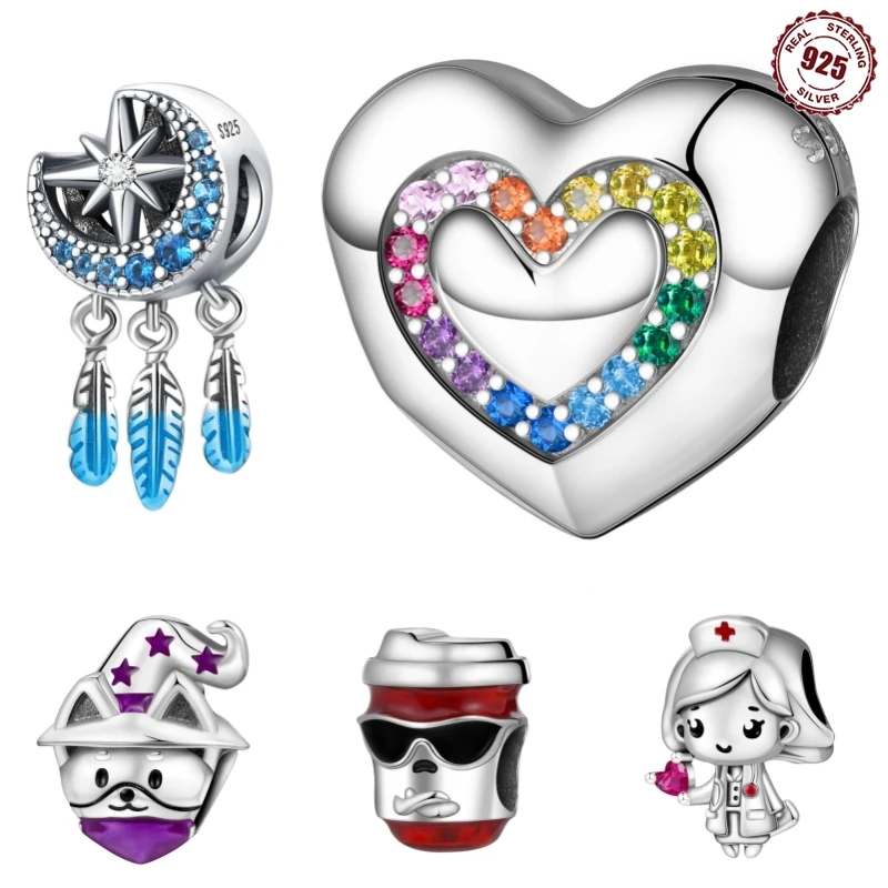 2024 Real Charms 925 Sterling Silver Star Moon Moon Rainbow Srdce Fit Fit Originálny náramok náhrdelník