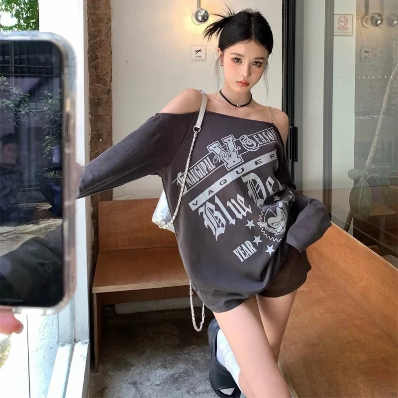 2024 Ropa Mujer Casual Harajuku Fashion Swetshirts Nadmerná kapucňa dámske reťaz reťaze z ramena Tlač s dlhým rukávom Y2K Tops