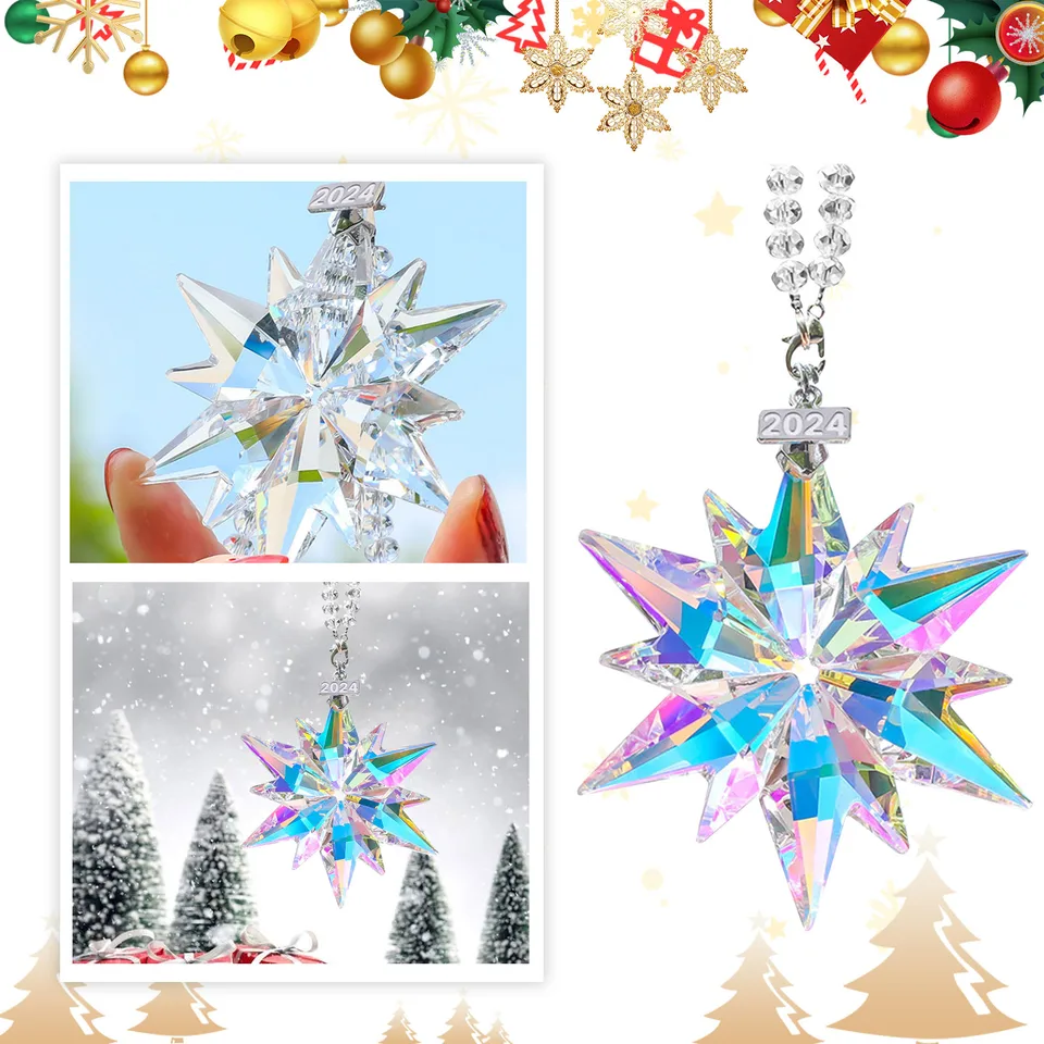 2024 Ročné vianočné ozdoby Crystal Snowflake Star, iskrivé krištáľové ozdoby na vianočný stromček, vianočné ozdoby