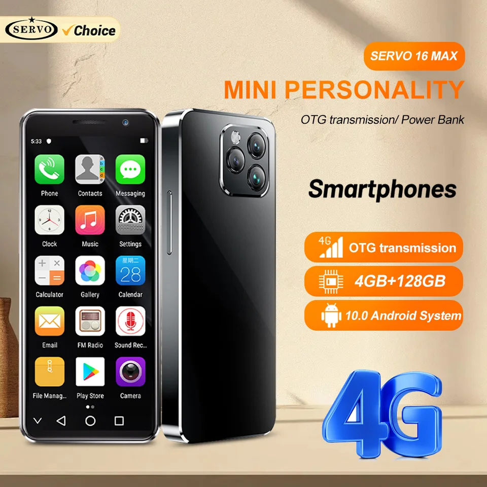 2024 Servo 16Max Android Mini Smartphone 4G LTE Play Store 4GB+128 GB Face Unlock OTG Power Bank Dual SIM 4.0 