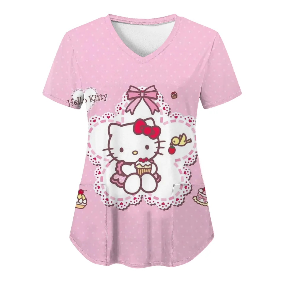 2024 sestry uniformy Ženy Kawaii Hello Kitty Tlač zdravotných ošetrovateľských uniforiem Krátke rukávy V-krbel
