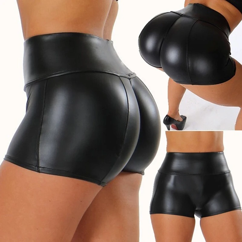 2024 Sexy dámske šortky lesklý elastický vysoko pás lesklý faux PU kožené krátke nohavice Slim Hot Dance Clubwear Mini Shorts