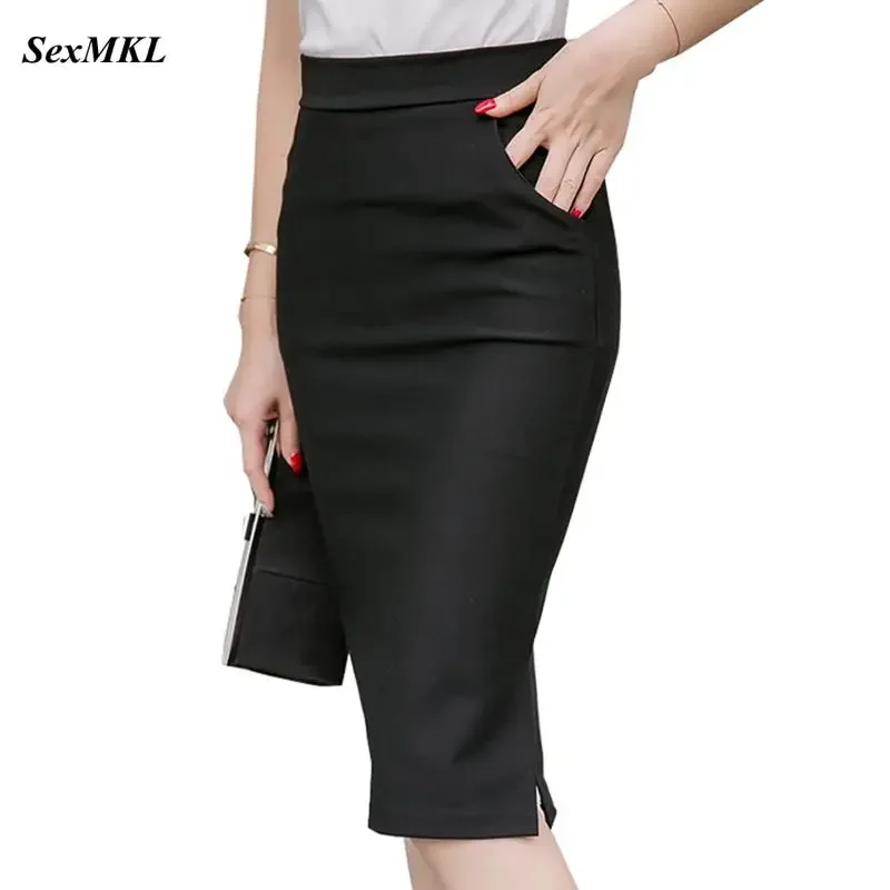 2024 Sexy ženy Work sukňu Slim Bodycon leto Bodycon letné vrecká s vysokým pásom rozdelené formálne ol kancelárie dámy čierne nadrozmerné ceruzky sukne