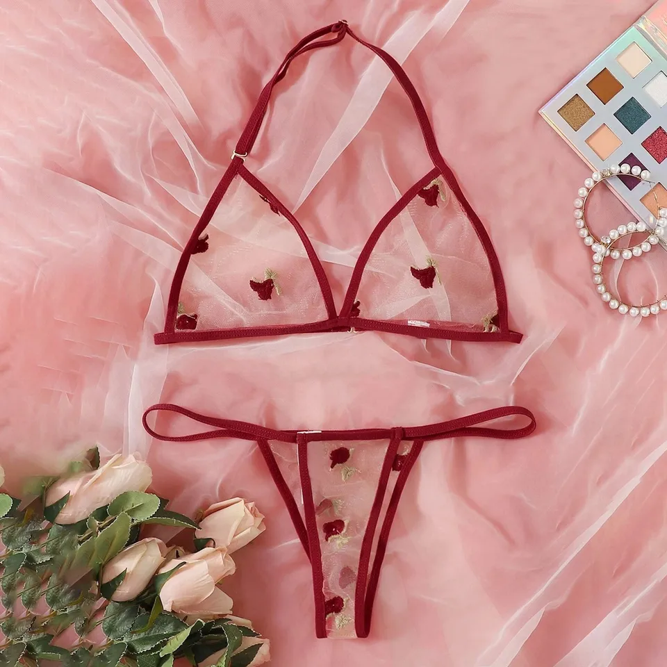 2024 Solidné spodné prádlo Sexy kvetina vyšívaný krk visiaci podprsenka G-String THOG SUITS