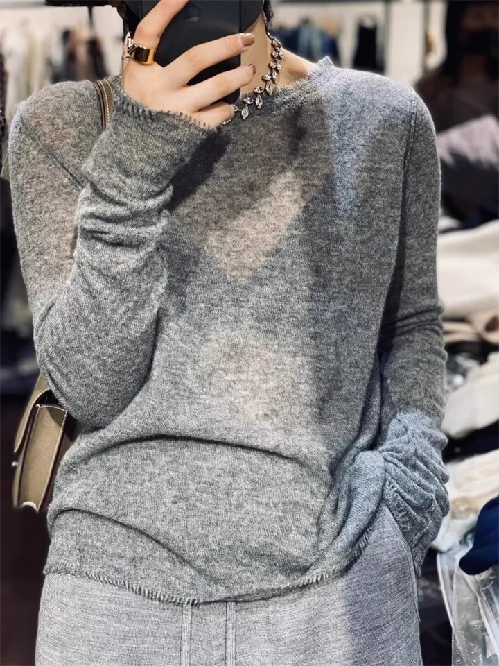 2024 Spring Autumn Round Crck Fringe Cashmere Sweater Dámsky voľný kórejský sveter módna vlnená základná košeľa