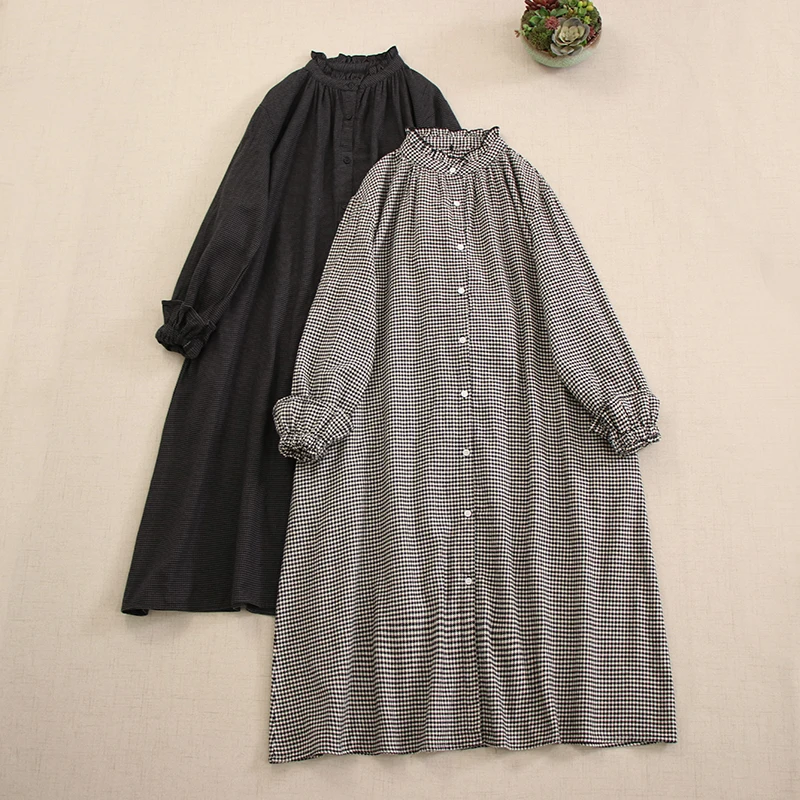 2024 Spring Japan v štýle mori girl bavlna Plaid stojan golier s dlhým rukávom šaty Ženy