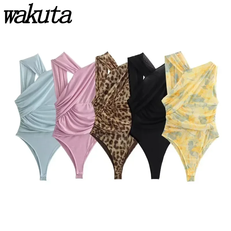 2024 Spring New Street Style Slax Brck Fold Slim Fit Fit Silk Mesh Shipsuit Beach Party Leopard Pat plavky letné oblečenie