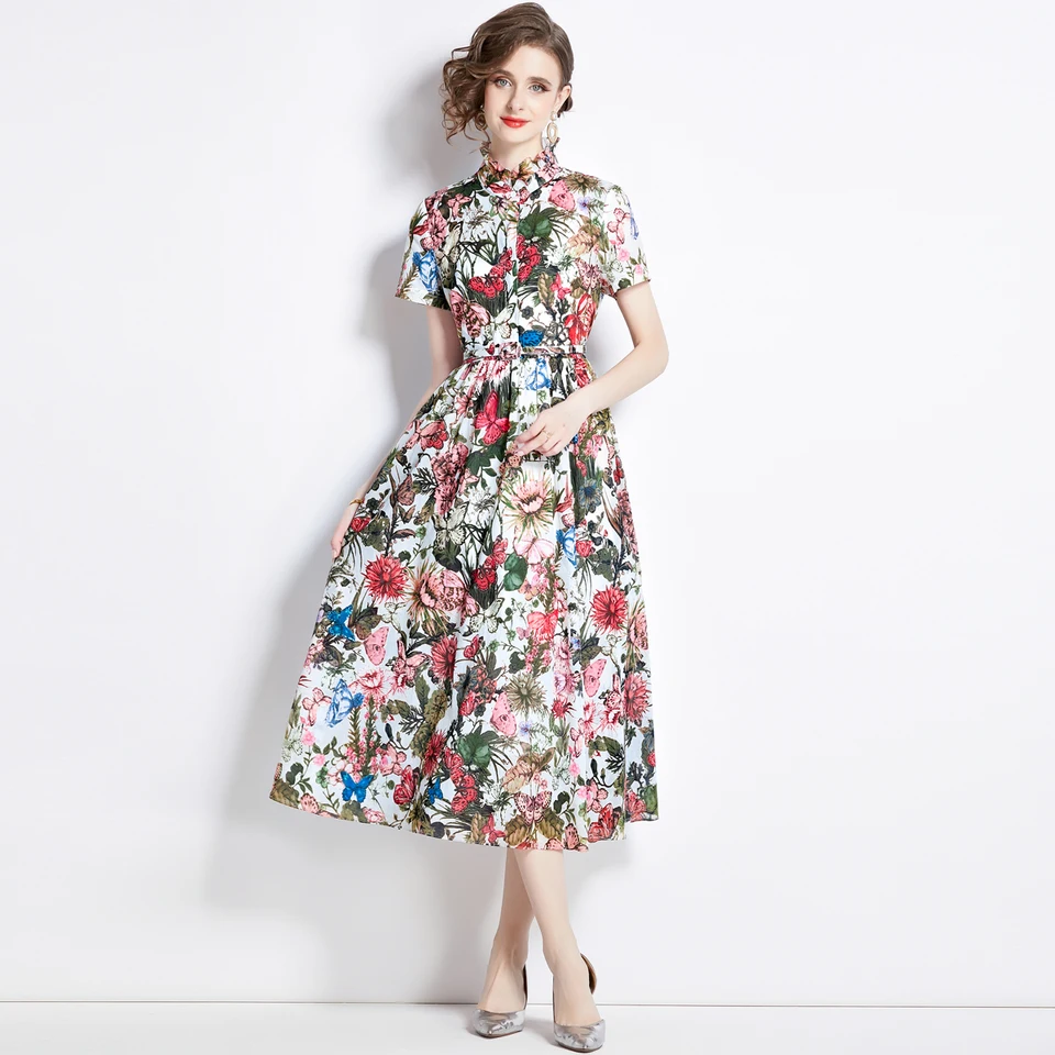 2024 Summer Blue Print Butterfly s krátkym rukávom Slim Fit Dress Dámske oblečenie Vestido rúcho femme été ropa oficina majer
