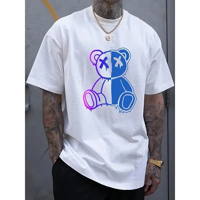 2024 Summer Fashion Cartoon Bear Print Pánske tričko Nová plná farba O-Neck Tričko Street Hip-Hop Tops Classic Casual Tees