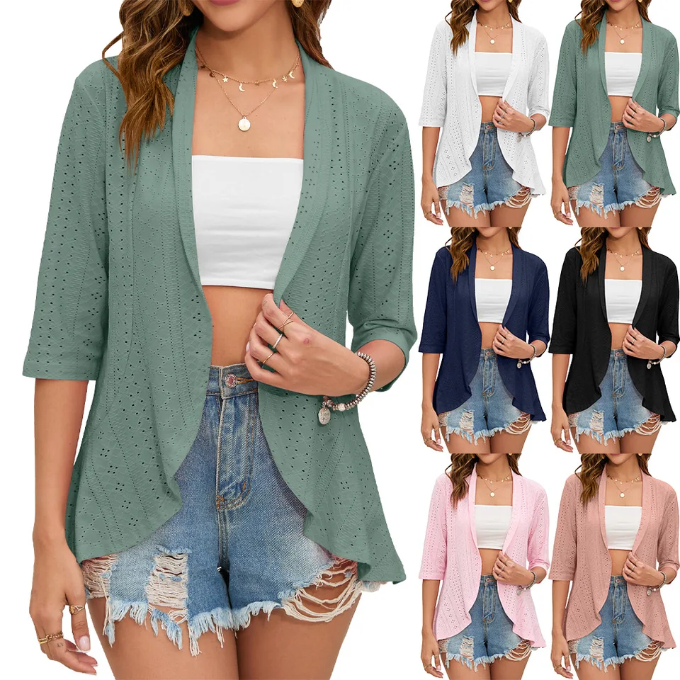 2024 Summer Fashion Ladies Hollow Out Wardigan Boho Tops Dámske pláž Outwear Out Casy Tri štvrtiny rukáv
