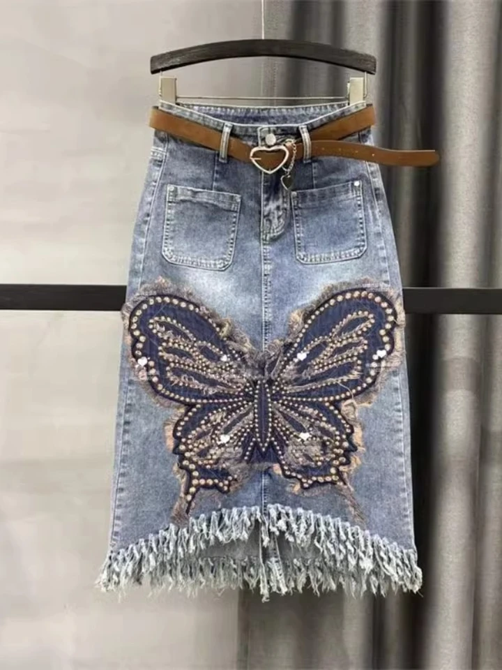 2024 Summer High Pas Denim Denim Dámska dámska retro motýľa s diamantovým strapcom Fringe Edge Slim Dĺžka šaty