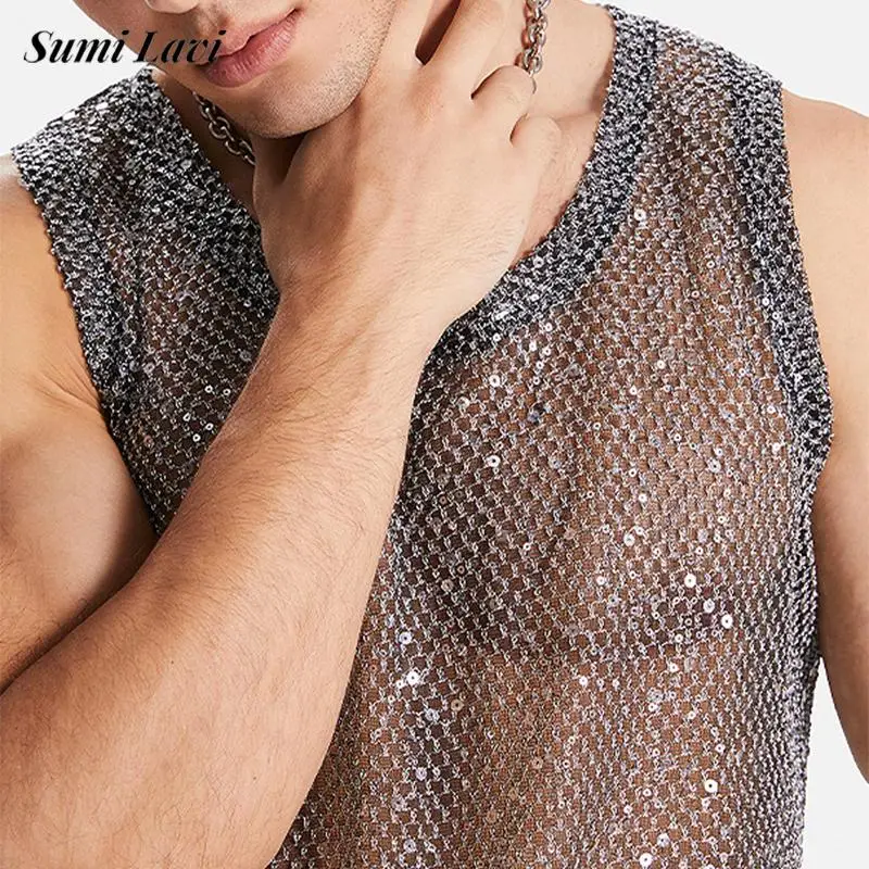 2024 Summer Nové módne trblietky Flitry Touch Tops Men Sexy Partywear Dutlow Out Transparentné Camisoles Pánske pánske vintage sieťové vesty Top