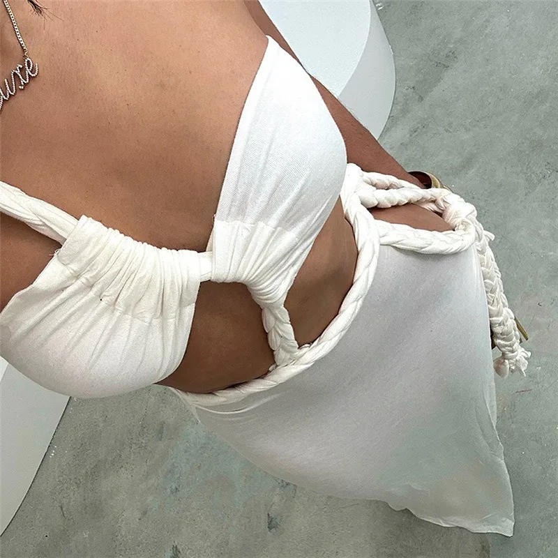 2024 Summer Sexy Backless Split Nepravidelné dlhé šaty Ženy Slidné biele rukávy bez rukávov Dutiny Bandage Pikance Rout